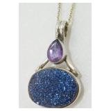 Sterling Silver, Amethyst and Blue Druzy Necklace