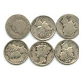 (1) Barber Silver Dime & (5) Mercury Silver Dimes