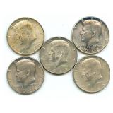Lot of 5 Kennedy 40% Silver Half-Dollar Coins,