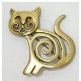 Vintage Modernist Brass Cat Brooch - Signed JJ,