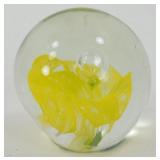 * Vintage Yellow Floral Bubble Glass Paperweight