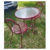 ** Cafï¿½ Table with Glass Top & 2 Metal Chairs -