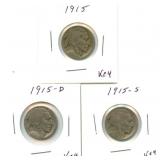 1915, 1915-D and 1915-S Buffalo Nickels