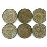 Group of 6 Mexican Silver One Peso Coins