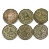 Group of 6 Mexican Silver One Peso Coins