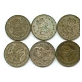Group of 6 Mexican Silver One Peso Coins