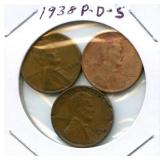 1938 Lincoln Wheat Cent Set - P, D & S Mint Marks