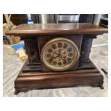 Vtg Wood Mantle Clock w/ Lion Handles