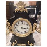 Vtg Cast iron Mantle Clock Gilt Accents