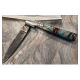 Damascus Folding Knife w/ Leather Sheath