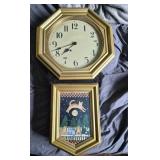 Vtg Octagonal Wall Clock w/ Cat Scene
