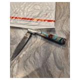 Damascus Folding Knife w/ Leather Sheath