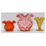 * 3 Fenton Ruffled Edge Vases - Amberina Hobnail,
