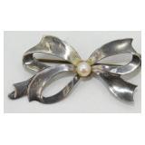 Vintage Bow Ribbon Faux Pearl Sterling Silver