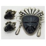 Sterling Silver Black Onyx Mexico Brooch &
