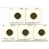 (5) U.S. Indian Head Cents: 1900, 1901, 1902,