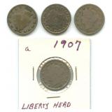 (4) U.S. Liberty V Nickels: 1905, 1906, 1907 and