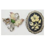 Two Flower Brooches - Enamel & Marcasite Orchid