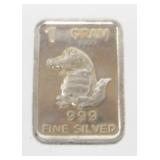 Silver Bar: "Gator" - .999 Fine Silver, 1 gram