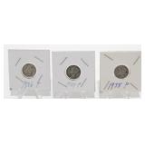 3 Mercury Silver Dimes - 1936-P, 1937-P & 1938-P