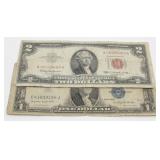 1935 $1 Silver Certificate and 1963 Red Seal $2