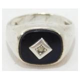 Vintage Sterling Silver Black Onyx Diamond Ring -