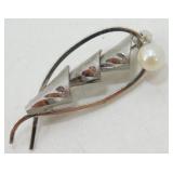 Vintage Sterling Silver Etched Pearl Brooch -
