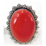 German Silver Red Coral Ring - Size 6