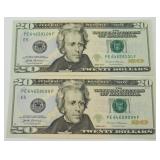2 Consecutive Serial Number 2017-A $20 Notes