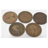 5 Great Britain Large One Penny Coins - 1913,