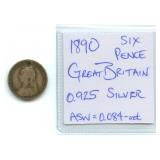 1890 Great Britain Six Pence Silver Coin, 0.925