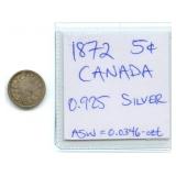 1872 Canada .925 Silver Nickel 5ï¿½ Coin, ASW =
