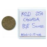 1920 Canada 80% Silver Quarter 25ï¿½ Coin, ASW =