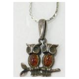 Sterling Amber Stone Owls Necklace