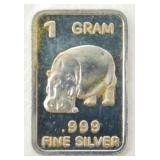 Silver Bar "Hippo": .999 Fine Silver - 1 gram