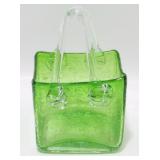 * Vintage Hand-Blown Green Glass Purse Vase Bag -