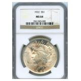1922 Peace Silver Dollar - NGC MS 64