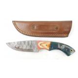 New Damascus Steel Drop Point Knife with Leather