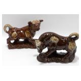 * 2 Vintage Bull Pottery Figurines - Brown Drip
