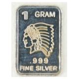 Silver Bar "Indian Chief" .999 Fine Silver 1 gram