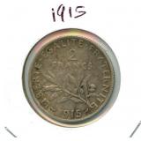 1915 French 2 Francs Silver Coin - 83.5% Silver