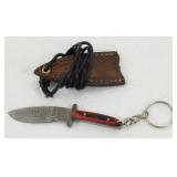 New Damascus Steel Keychain Knife with Leather