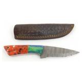 New Damascus Steel Drop Point Knife with Leather