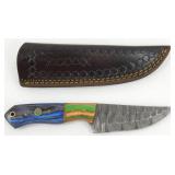 New Damascus Steel Drop Point Knife with Leather