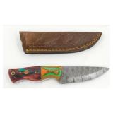 New Damascus Steel Drop Point Knife with Leather
