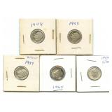 (5) Roosevelt Silver Dimes: 1948, 1952, 1957 and