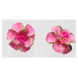 Vintage Pink Enamel Flower Clip-On Earrings