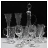 ** 9-Piece Etched Glass Bar Set