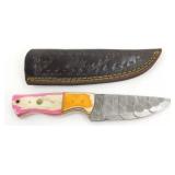 New Damascus Steel Drop Point Knife with Leather