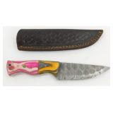New Damascus Steel Drop Point Knife with Leather